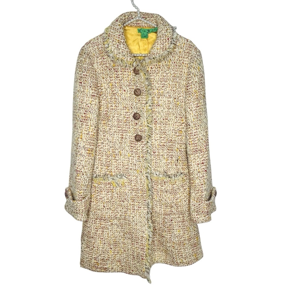 Tibi Worsted Wool Blend Tweed Coat 8 Preppy Old Money Retro Heritage Yellow READ